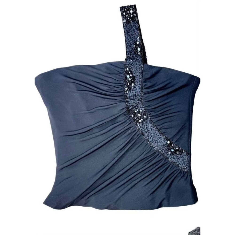 Veronique Young Black Ruched One-Shoulder Top With Sequins & Beads- LT3110 - Picture 3 of 7